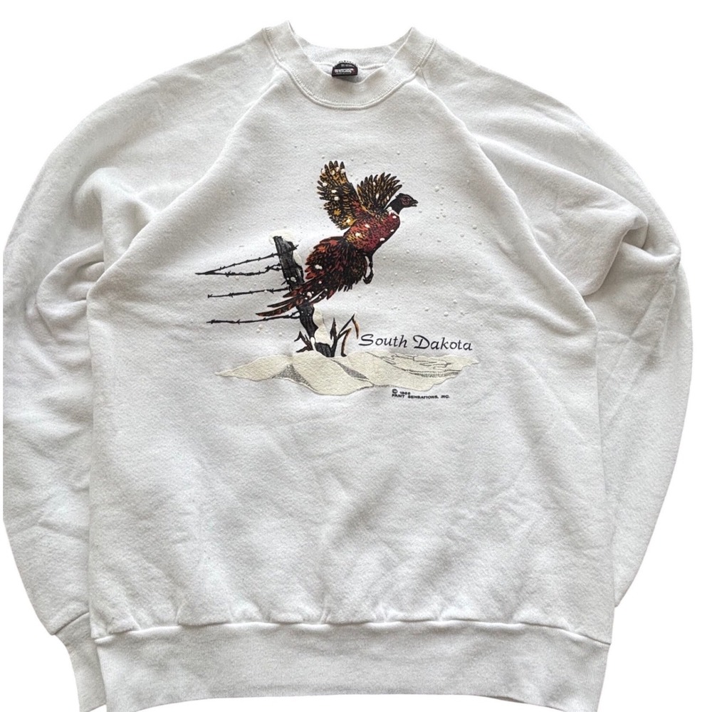 VTG South Dakota Flying Pheasant‎ Sweatshirt 80's Puff Art USA L Indie Nature
